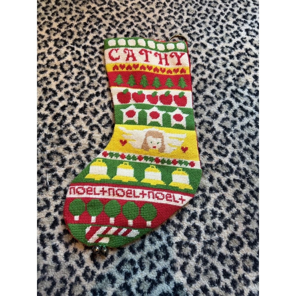 Vintage CATHY Christmas Stocking 17" Handmade Needlepoint Personalized Bells